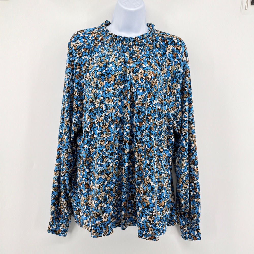 Ann Taylor Large Blue Floral Ruffle Mock Neck Top Long Sleeve Modal Stretch Knit